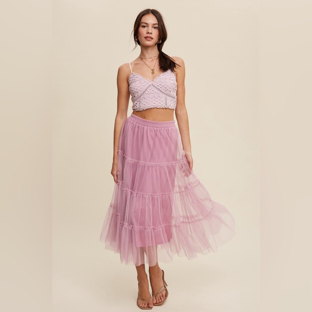 Mauve Pink Tiered Mesh Tulle Flouncy Midi Skirt
